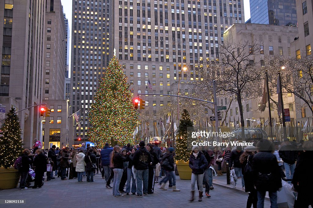 People viewing the Christmas tree at Rockefeller Center at dusk, New York, NY, USA