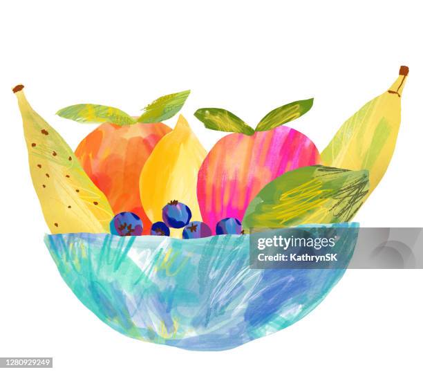 fruit bowl painting collage - fruit basket stock illustrations