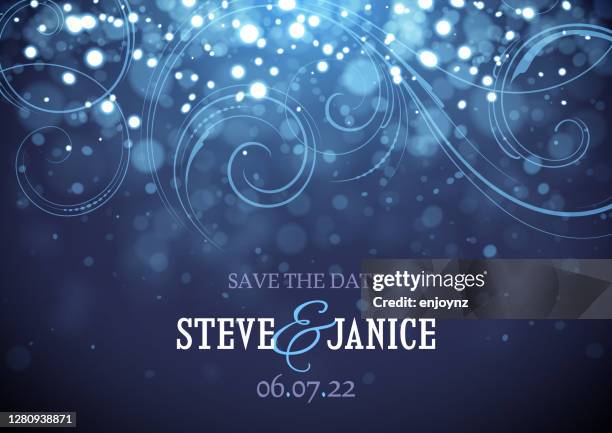 blue sparkling lights wedding invitation - winter wedding stock illustrations