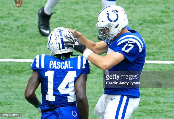 Zach Pascal and Philip Rivers of the Indianapolis Colts celebrate their touchdown against the Cincinnati Bengals during the first half at Lucas Oil...