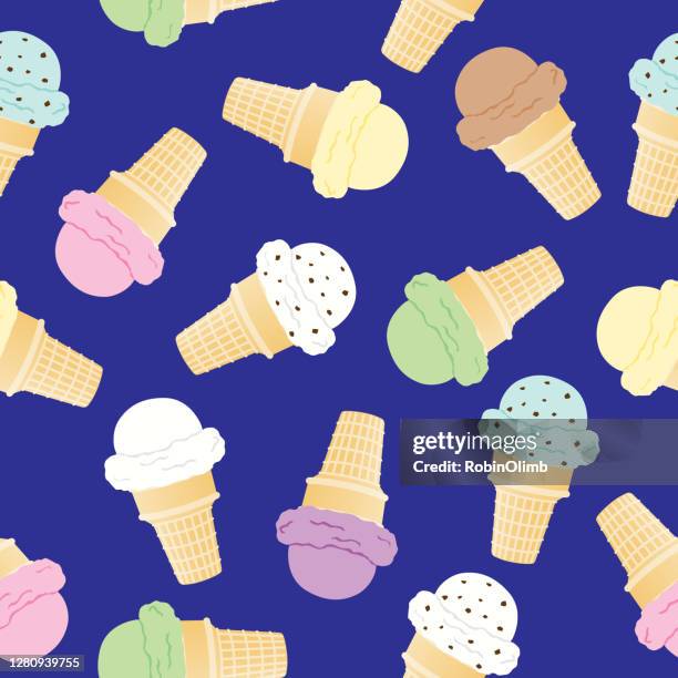 ilustrações, clipart, desenhos animados e ícones de cones de sorvete coloridos padrão sem emenda - sorvete chocolate chip