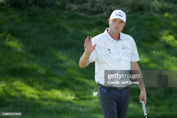 Jason Kokrak of the United States reacts to his birdie on the 11th green during the final round of The CJ Cup @ Shadow Creek on October 18, 2020 in...