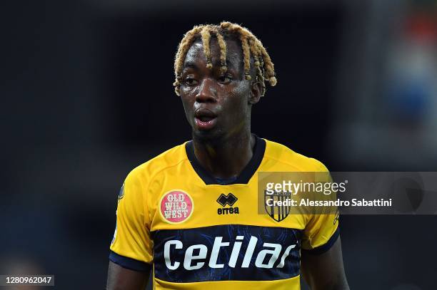 Yann Karamoh of Parma Calcio looks on during the Serie A match between Udinese Calcio and Parma Calcio at Dacia Arena on October 18, 2020 in Udine,...