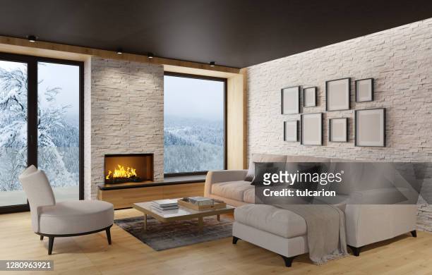 modern scandinavian style country villa light minimalist interior with fireplace and white slate rock wall - clean slate stock pictures, royalty-free photos & images