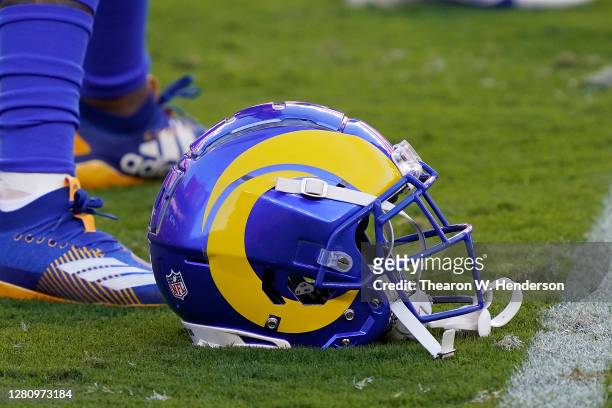 Los Angeles Rams helmet is shown against the San Francisco 49ers at Levi's Stadium on October 18, 2020 in Santa Clara, California.