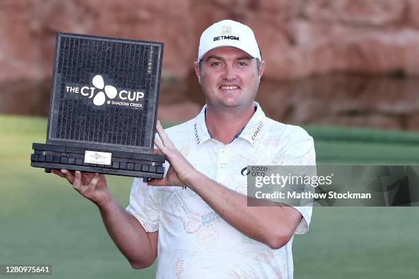 Jason Kokrak poses with the winner's trophy after the final round of the CJ Cup @ Shadow Creek on October 18, 2020 in Las Vegas, Nevada