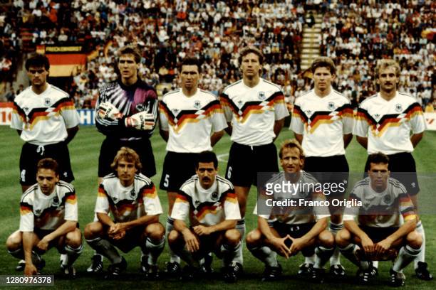 West Germany football team pose before the 1990 FIFA World Cup Final between West Germany and Argentina at the Olimpico Stadium on July 8, 1990 in...