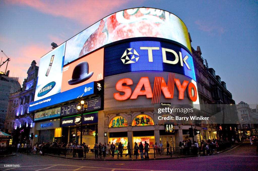 Illuminated signs on building at Piccadilly Circus, London, United Kingdom