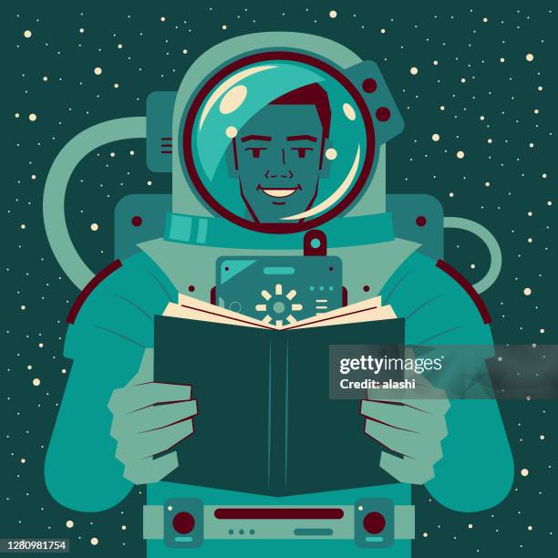 ilustraciones, imágenes clip art, dibujos animados e iconos de stock de el apuesto astronauta afroamericano (hombre espacial) está leyendo un libro en el espacio exterior; nunca dejes de aprender; invertir en ti mismo; el conocimiento es poder; leer te saca de este mundo - cosmonauta