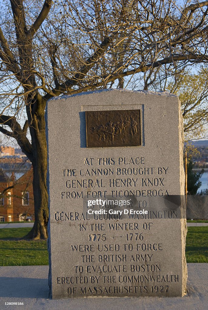 Stone marker noting Revolutionay history of Dorchester Heights, South Boston, MA