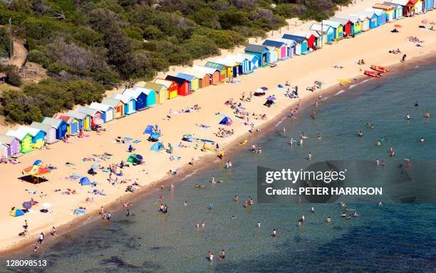 aerial view of brighton beach, melbourne, vic, australia - brighton beach foto e immagini stock