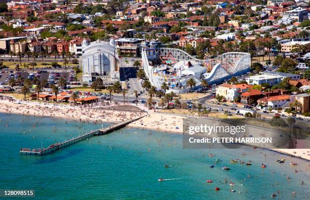 aerial view of st kilda, melbourne, vic, australia - santa kilda foto e immagini stock