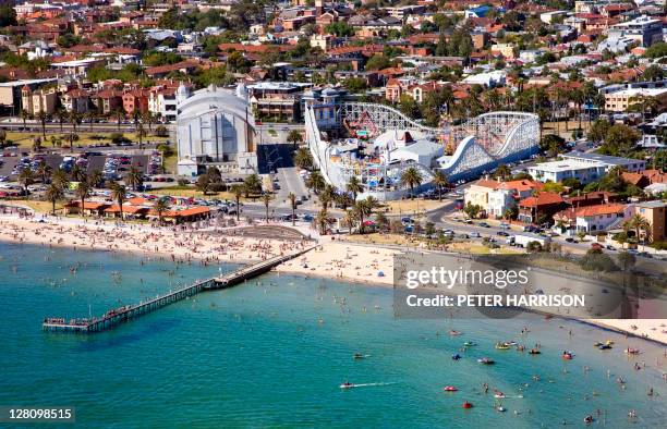 aerial view of st kilda, melbourne, vic, australia - melbourne stock pictures, royalty-free photos & images