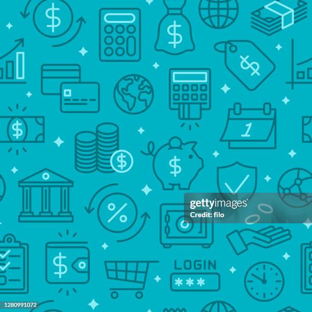 stockillustraties, clipart, cartoons en iconen met naadloze geld financiële beslissingen en banking symbolen en pictogrammen achtergrond patroon - spending money