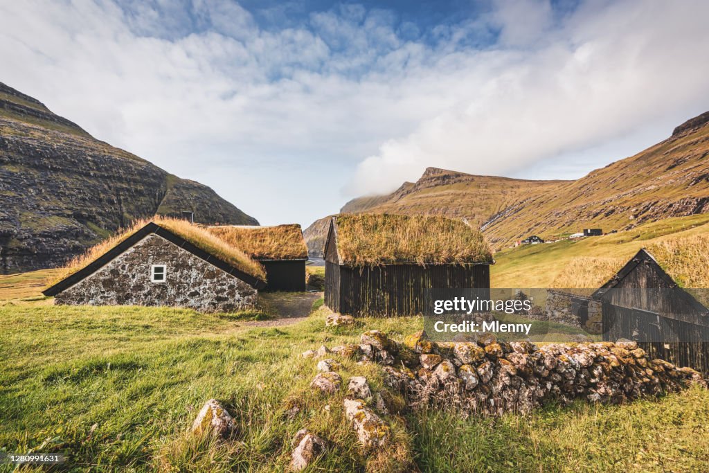 Faroe Islands Saksun Village Grass Covered Stone Houses Streymoy Island