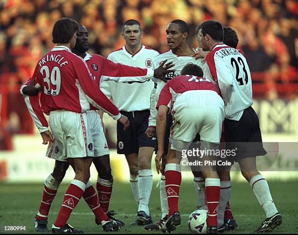 Tempers flare as Paul Ince and Martin Pringle square up to each other during the FA Carling Premiership match between Charlton Athletic and Liverpool...