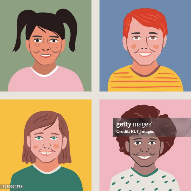 diverse set of child portrait avatars — hand-drawn vector elements - freckle stock illustrations