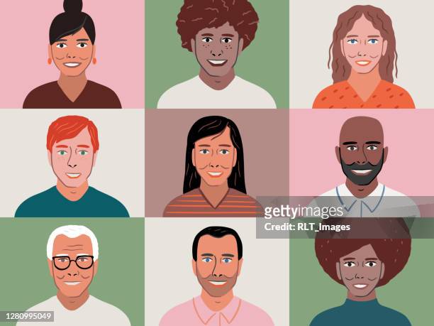 illustration of a diverse group of friends or colleagues in a video conference on device screen - beard stock illustrations stock illustrations