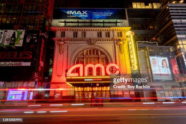 View of the AMC Theater at Times Square during the coronavirus pandemic on October 18, 2020 in New York City. AMC Theaters recently announced that...