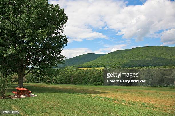 taconic range, looking towards connecticut from boston corners, with picnic table, columbia county, new york - columbia v connecticut stockfoto's en -beelden
