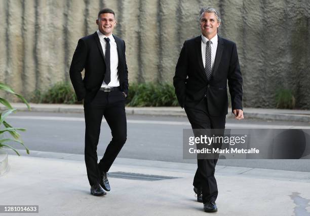 Panthers coach Ivan Cleary poses arrives with his son Nathan Cleary of the Panthers ahead of the Dally M Awards at Fox Sports Studios on October 19,...