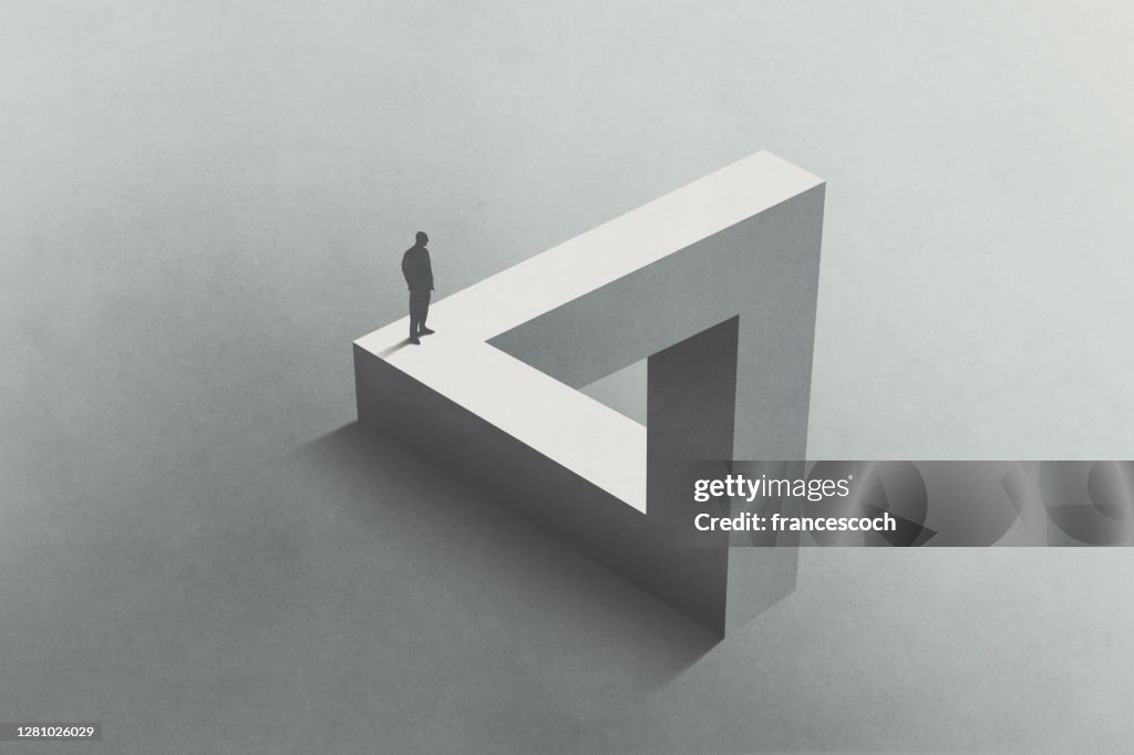 Illustration of man walking on Penrose triangle, surreal concept