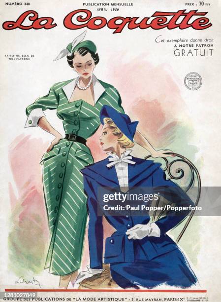 Front cover illustration taken from French fashion magazine La Coquette, showing a dress and a tailored suit, the fitted green button-through dress...