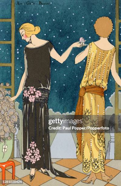 Hand coloured illustration from French fashion magazine Art-Gout-Beaute, showing two evening dresses by designers Jeanne Lanvin and Beer, both are...