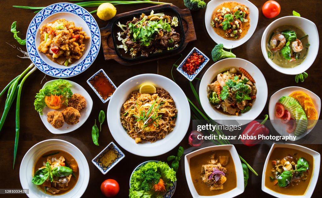 Thai Food Displayed on Table.