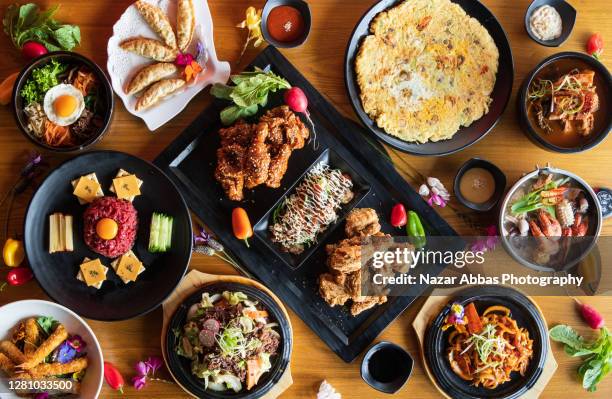 table top view of koran food. - korean food stock pictures, royalty-free photos & images
