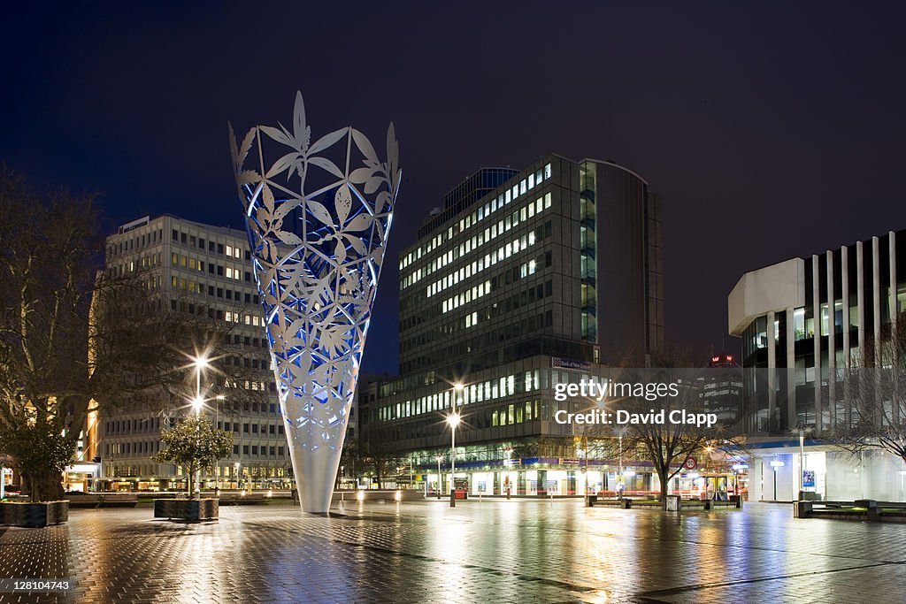Dusk in the Cathedral Square showing Christchurch Cathedral and The Chalice, a large piece of modern sculpture in the form of an inverted cone, Christchurch, Otautahi, New Zealand, NZ