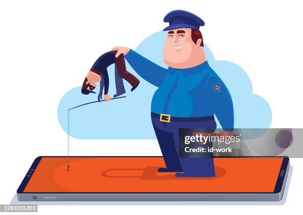 security guard catching cyber thief via smartphone - virtual fair stock illustrations