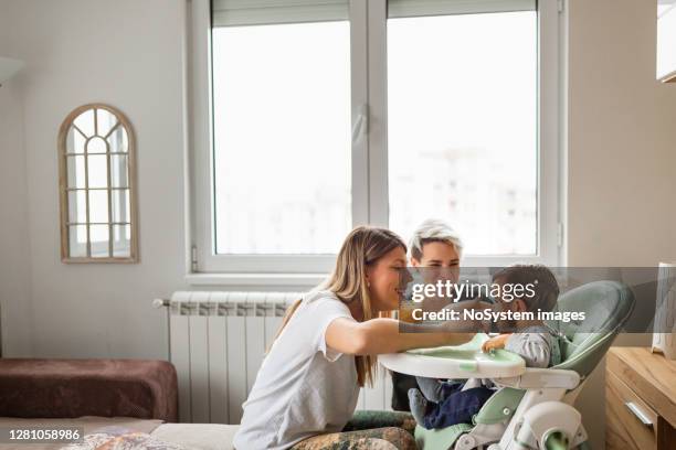 vida familiar. pareja lesbiana con bebé en casa. - lesbiana fotografías e imágenes de stock