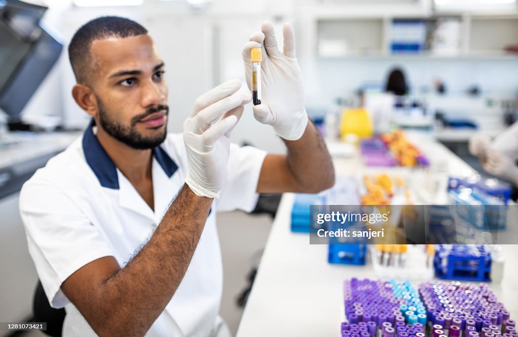 Scientist looking at a test tube
