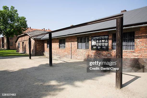 reconstructed gallows where prisoners were hung at auschwitz concentration camp, poland - hanging gallows stock pictures, royalty-free photos & images