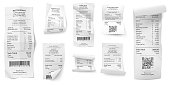 Receipts bill. Atm paper prints, paying ticket shop or store purchase invoice. Isolated realistic supermarket cash order vector collection