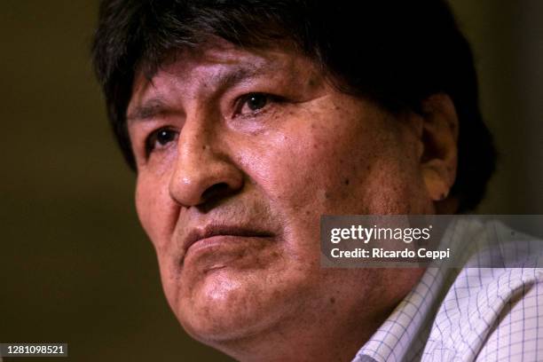 Exiled former president of Bolivia Evo Morales talks to press on the day after the general elections in Bolivia on October 19, 2020 in Buenos Aires,...