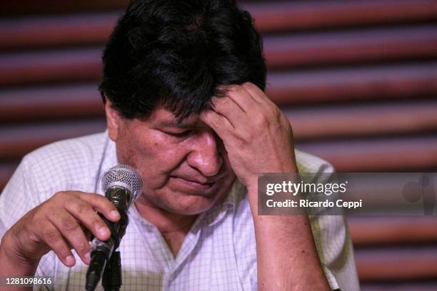 Exiled former president of Bolivia Evo Morales talks to press on the day after the general elections in Bolivia on October 19, 2020 in Buenos Aires,...