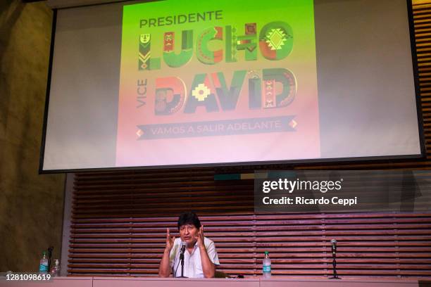 Exiled former president of Bolivia Evo Morales talks to press on the day after the general elections in Bolivia on October 19, 2020 in Buenos Aires,...