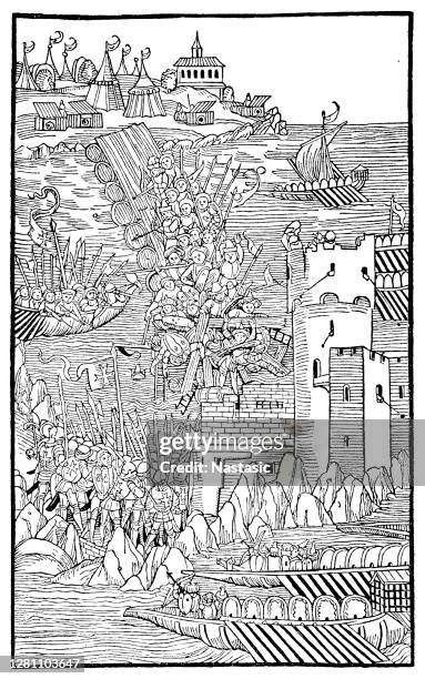 von der türkischen belagerung von rhodos im jahre 1480. - steinschleuder stock-grafiken, -clipart, -cartoons und -symbole