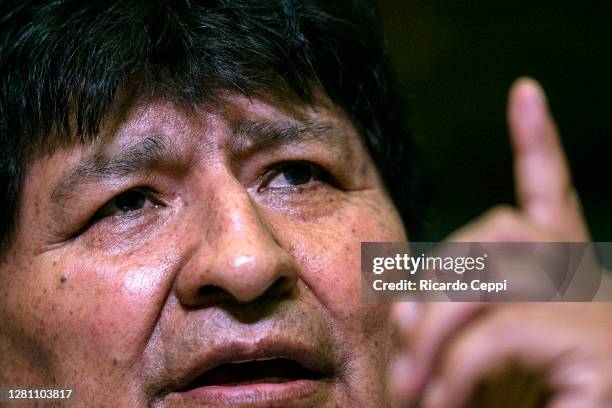 Exiled former president of Bolivia Evo Morales talks to press on the day after the general elections in Bolivia on October 19, 2020 in Buenos Aires,...