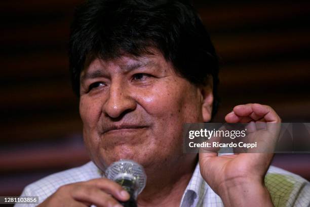 Exiled former president of Bolivia Evo Morales talks to press on the day after the general elections in Bolivia on October 19, 2020 in Buenos Aires,...