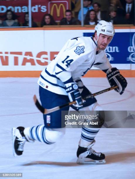 Dave Andreychuk of the Toronto Maple Leafs skates against the San Jose Sharks during 1993-1994 NHL playoff game action at Maple Leaf Gardens in...