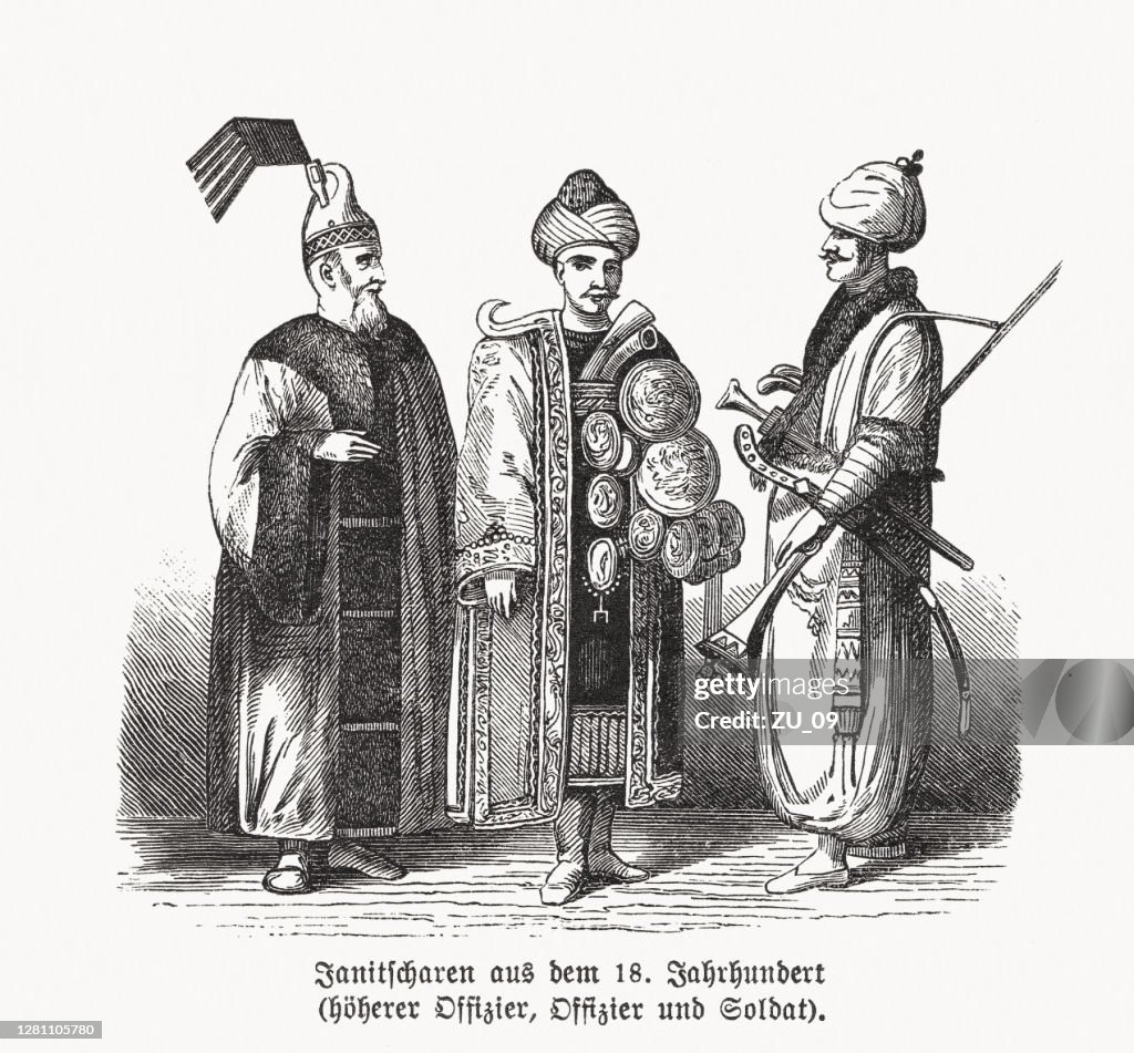 Janissaries aus dem 18. Jahrhundert, Holzstich, veröffentlicht 1893