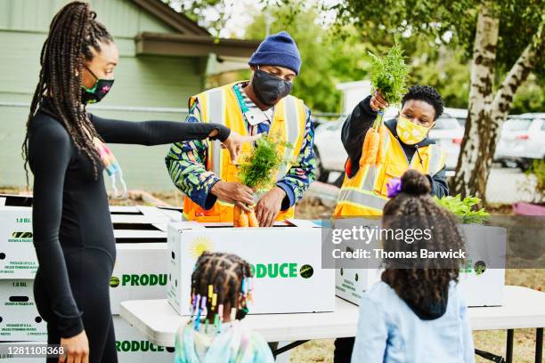 volunteers showing family produce from csa boxes at community center - centro sociale foto e immagini stock