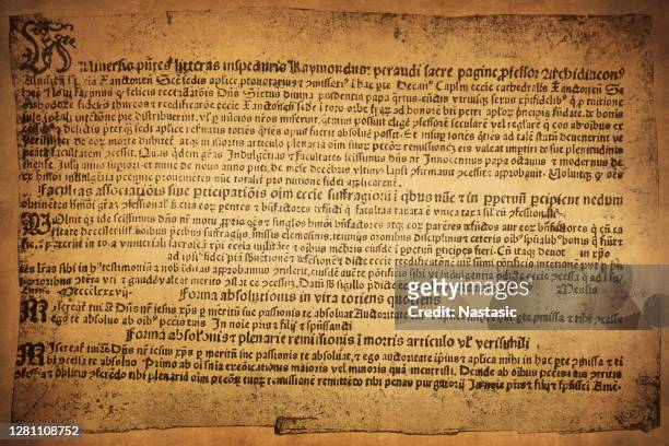 reduced facsimile of a letter of indulgence from pope innocent viii, from 1487 - theology stock illustrations