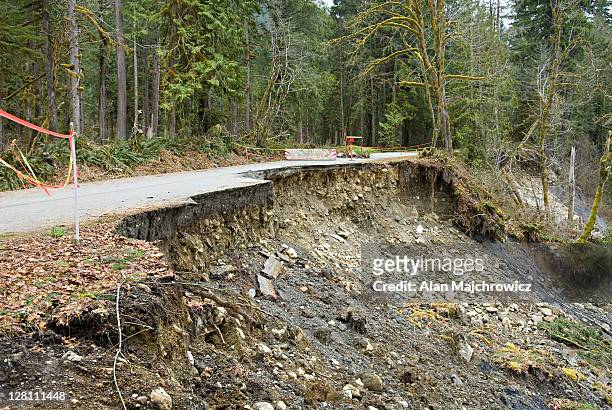 forest service road closed to due winter flooding, mount baker snoqualmie national forest. washington, usa - caved stock pictures, royalty-free photos & images