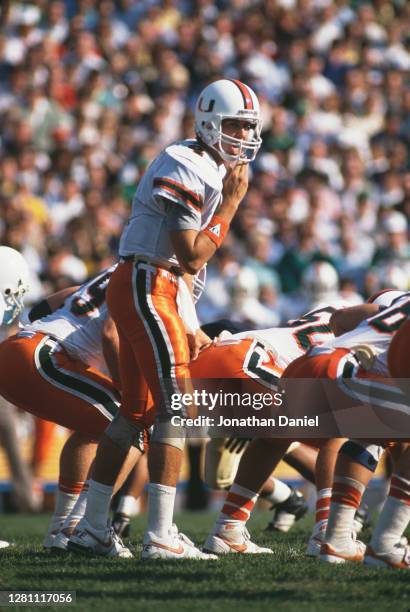 Steve Walsh Quarterback for the University of Miami Hurricanes calls the play on the line of scrimmage during the NCAA Independent college football...