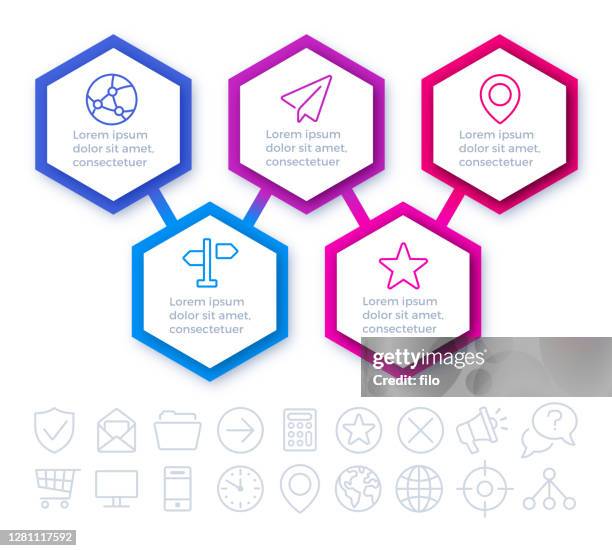 ilustraciones, imágenes clip art, dibujos animados e iconos de stock de plantilla infográfica de cinco hexágonos - 5 step process cycle