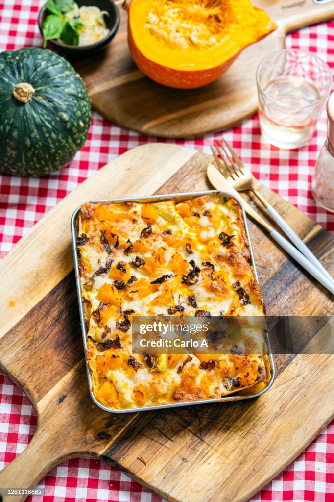 Home made Lasagna with squash butternut and radicchio